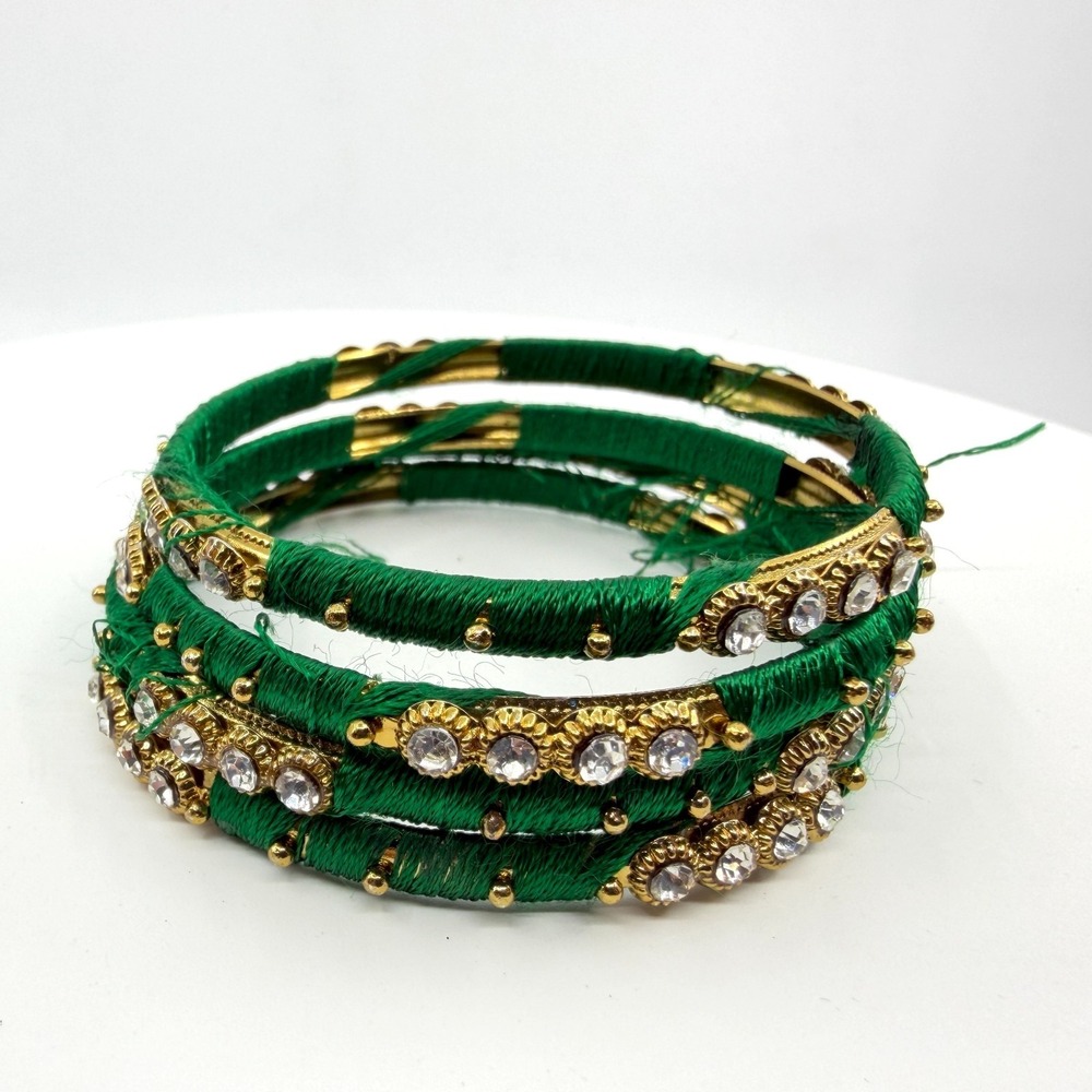 Y2K Emerald Green Rhinestone & Gold-Tone Thread-Wrapped Bangle Set